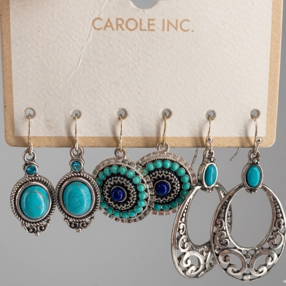 Carole Inc. Boho Faux Turquoise Silver Tone Drop Dangle Earring Set Lot (3 Pair)
